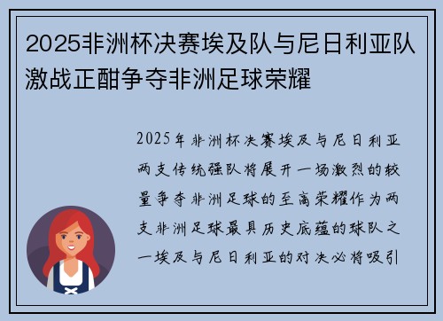 2025非洲杯决赛埃及队与尼日利亚队激战正酣争夺非洲足球荣耀
