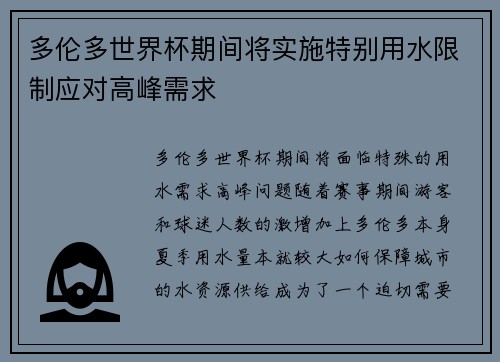 多伦多世界杯期间将实施特别用水限制应对高峰需求 多伦多世界杯期间将实施特别用水限制应对高峰需求